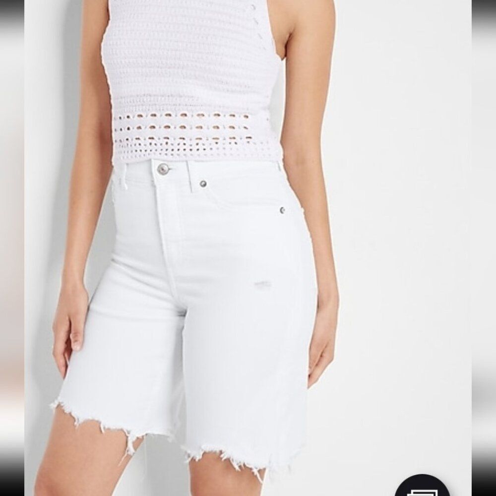 Express High Rise Bermuda Jean Shorts Distressed White Denim Size 8